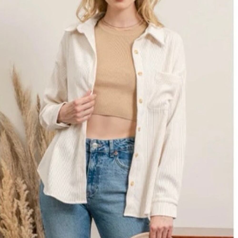 Blu Pepper Corduroy Ribbed Shacket Cream Button Down S Casual‎ Minimalist Layer